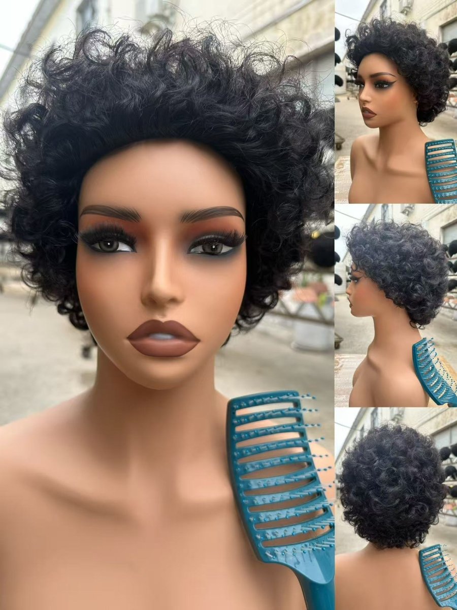 Short Pixie Curly Glueless 5inch Human Hair Wig Machine Made Wig Beginner Friendly - BeautyGraceHair