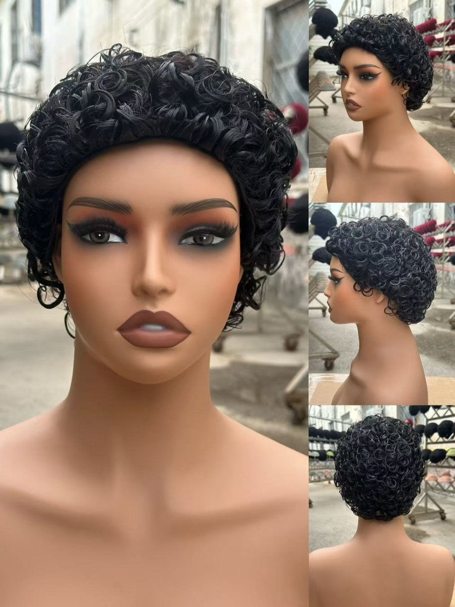 Short Pixie Curly Glueless 5inch Human Hair Wig Machine Made Wig Beginner Friendly - BeautyGraceHair